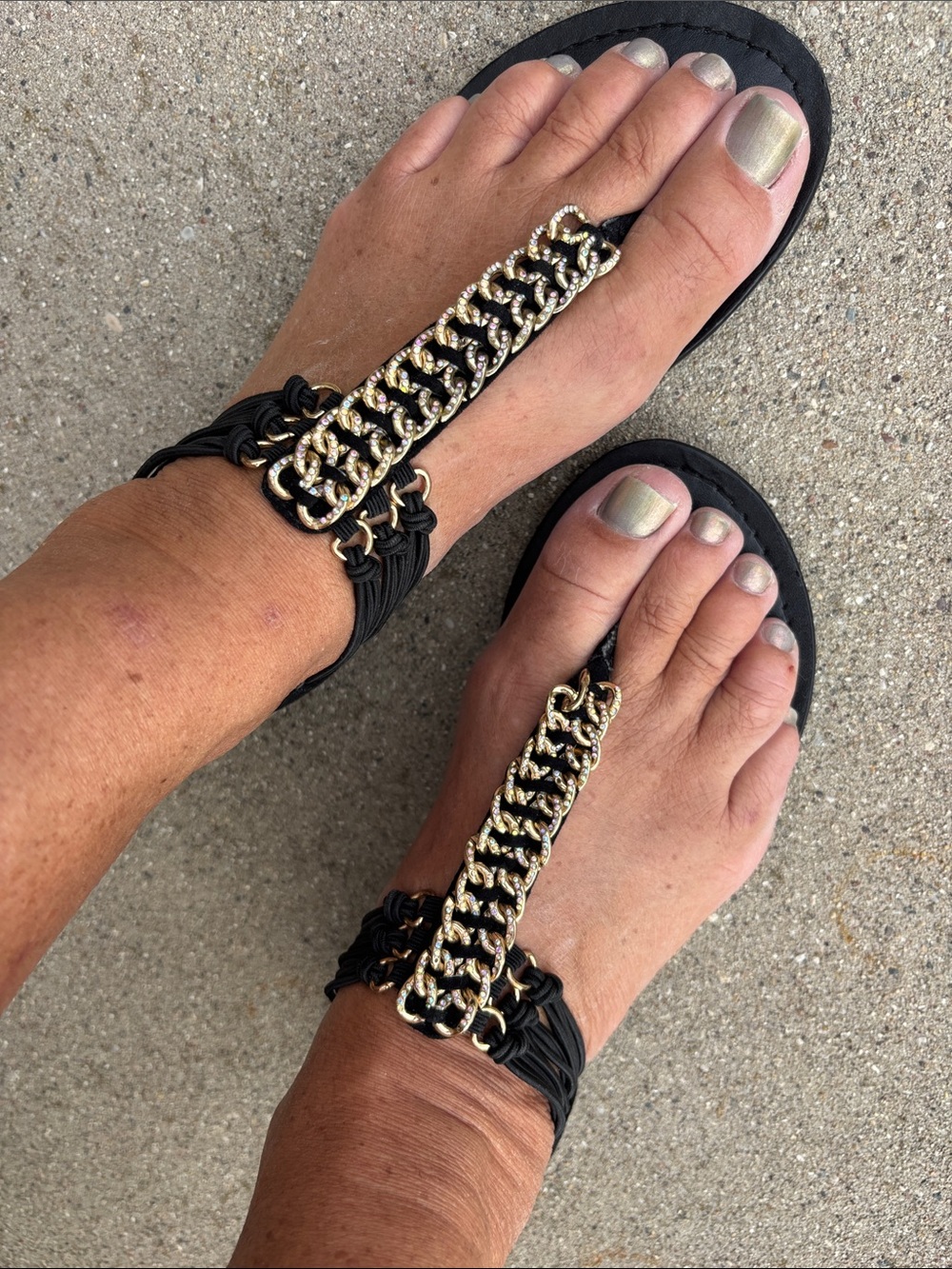 NWT Madden Girl Black Sandals with Gold Chain Rhinestone Rings Accent